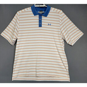 Under Armour Athletic Polo Shirt Striped Mens XL White Blue Orange 1/4 Button